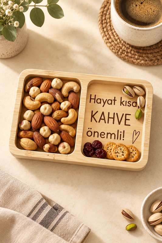 "Hayat Kısa, Kahve Önemli!" Kalp Desenli Bambu Çerezlik
