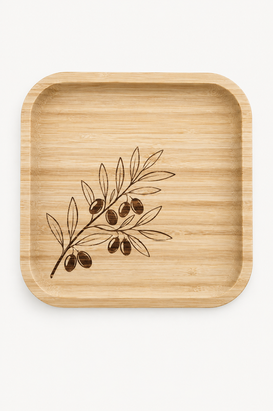 Signature Zeytin Dalı Desenli Kare Bambu Meyve ve Sunum Tabağı - 20x20