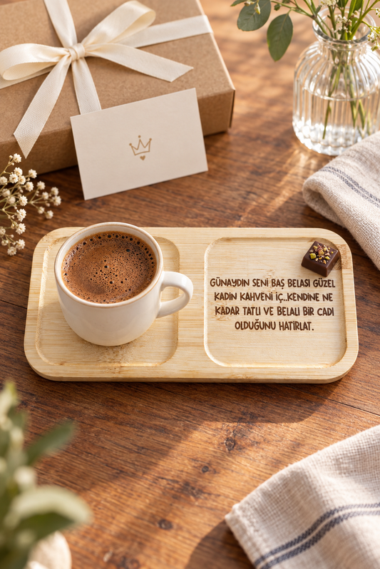 "Baş Belası Güzel Kadın" Bambu Kahve Sunum Tabağı - Dikdörtgen