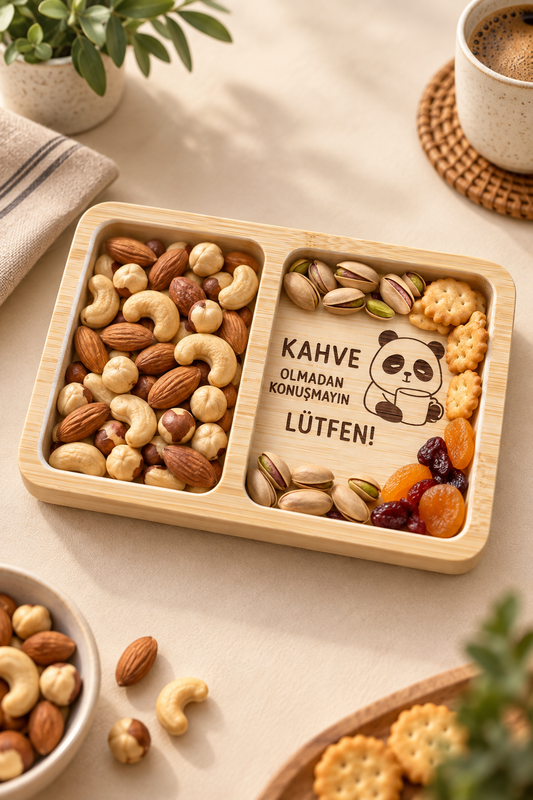 "Kahve Olmadan Konuşmayın Lütfen!" Panda Desenli Bambu Çerezlik