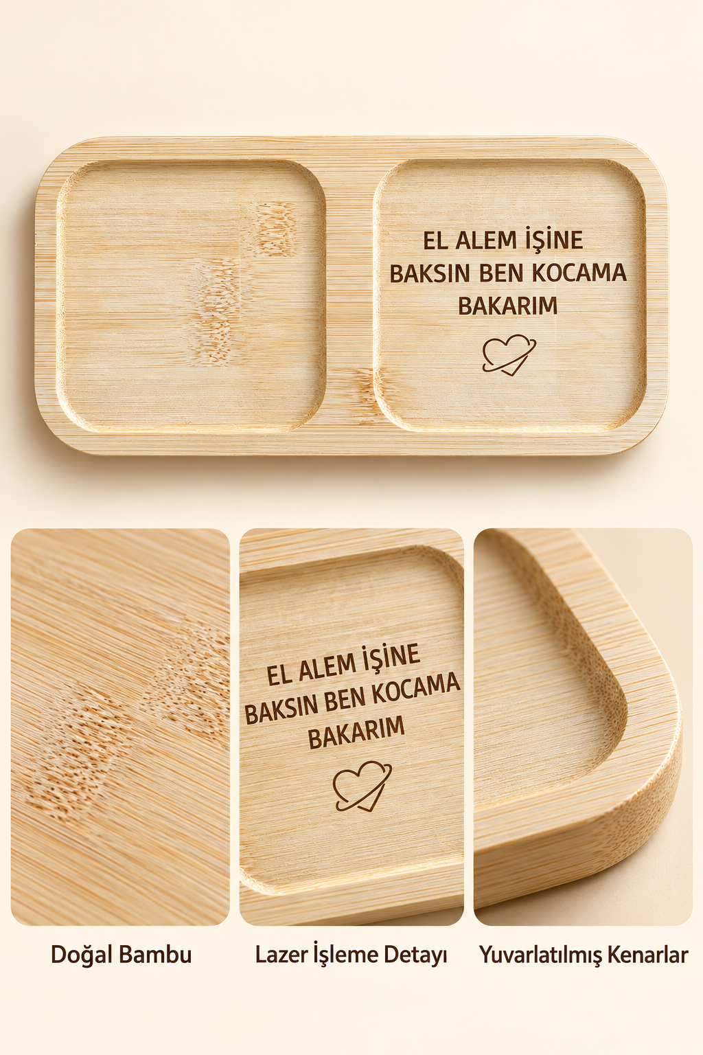 "El Alem İşine Baksın" Bambu Kahve Sunum Tabağı - Dikdörtgen