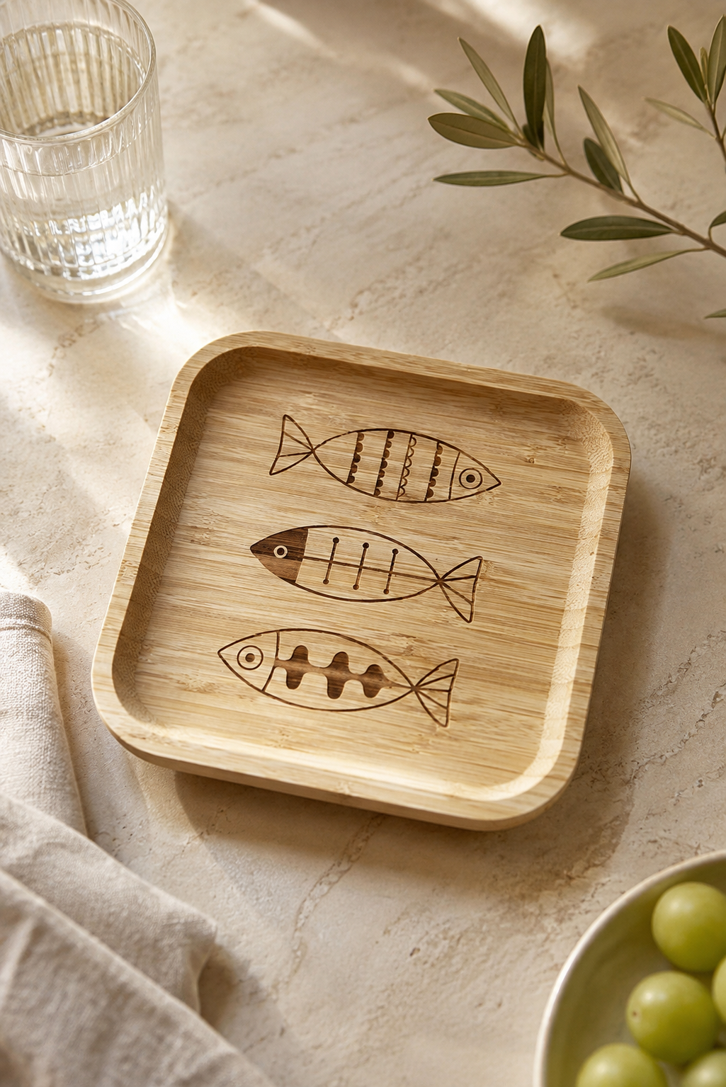 Signature Üç Balık Desenli Kare Bambu Meyve ve Sunum Tabağı - 20x20