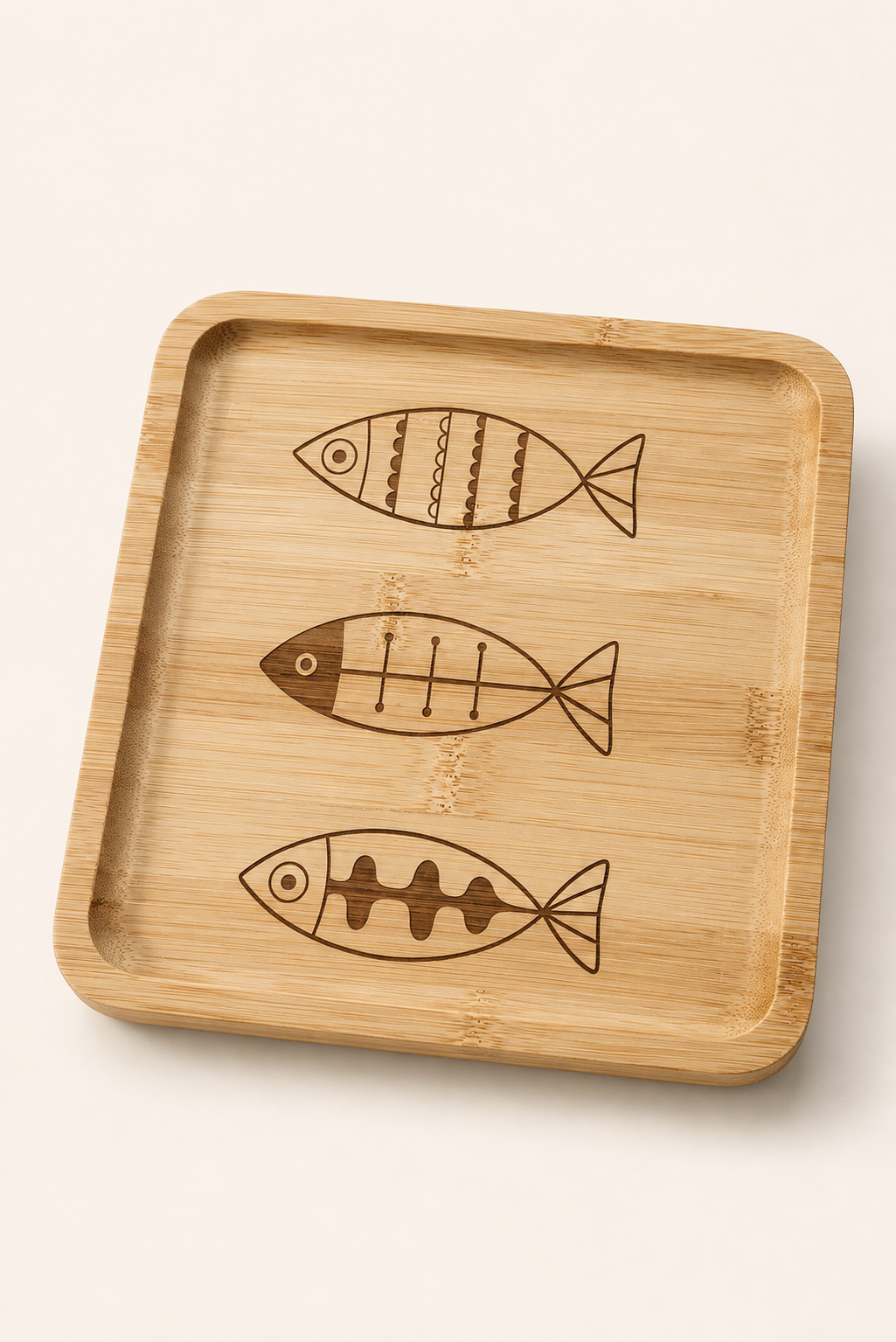 Classic Üç Balık Desenli Kare Bambu Meyve ve Sunum Tabağı - 20x20