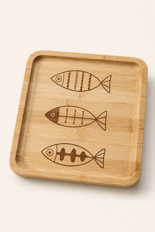 Classic Üç Balık Desenli Kare Bambu Meyve ve Sunum Tabağı - 20x20