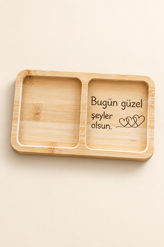 "Bugün Güzel Şeyler Olsun" Kalp Desenli Bambu Çerezlik