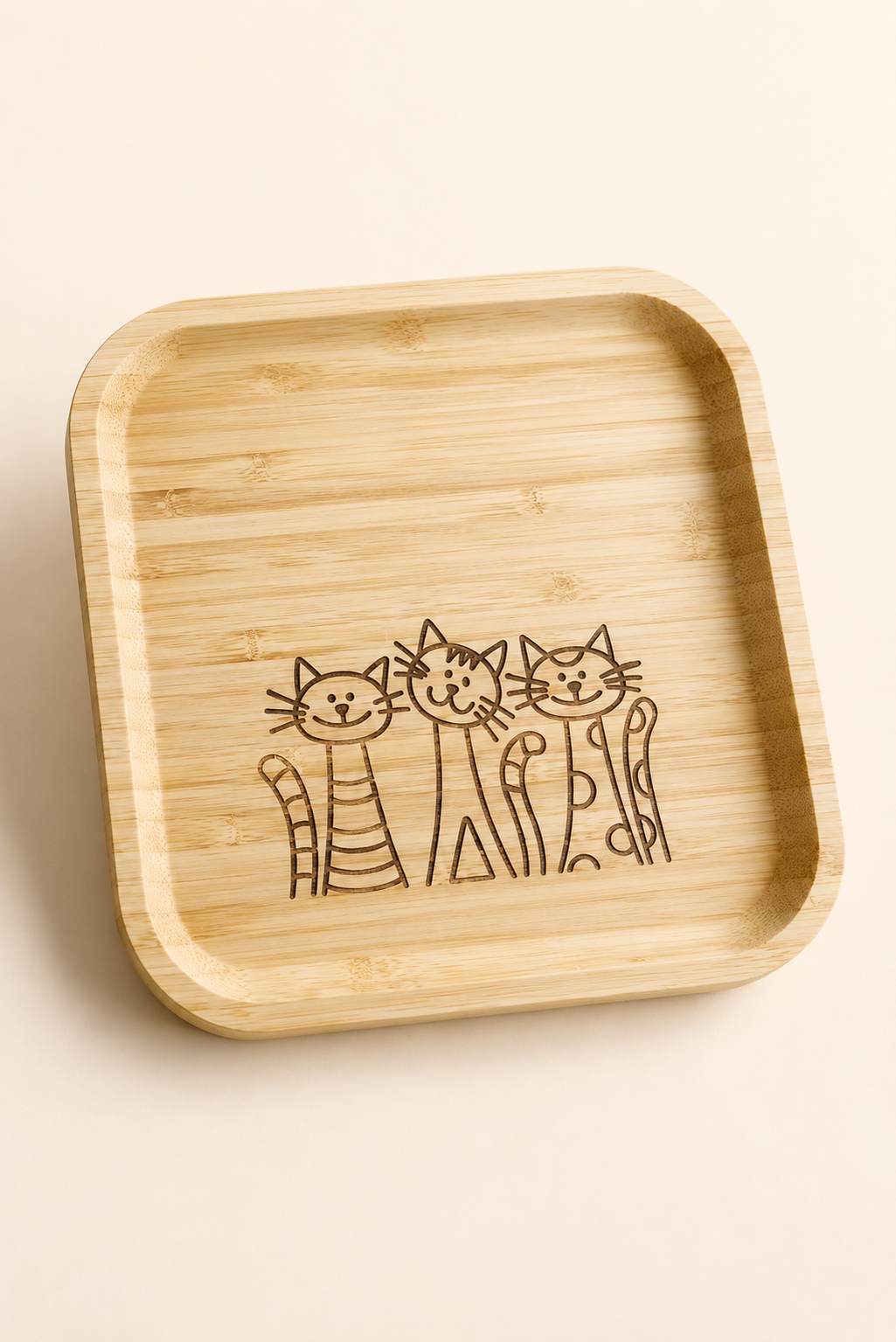 Signature Üç Kedi Desenli Kare Bambu Meyve ve Sunum Tabağı - 20x20