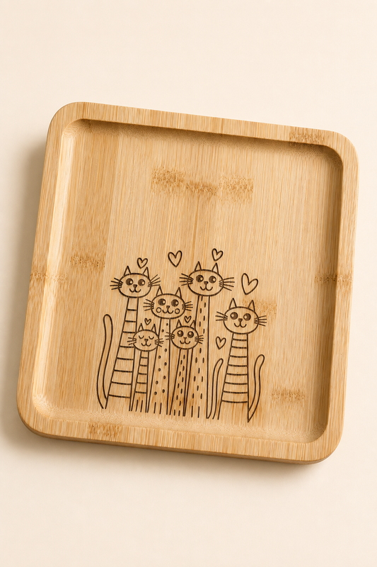 Classic Kedi Ailesi Kare Bambu Meyve ve Sunum Tabağı - 20x20