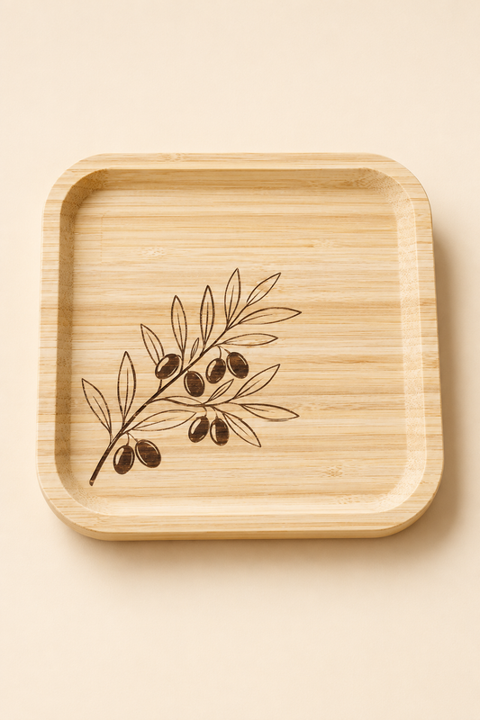Signature Zeytin Dalı Desenli Kare Bambu Meyve ve Sunum Tabağı - 20x20