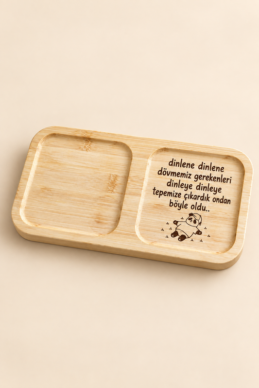 "Dinlene Dinlene" Panda Detaylı Bambu Kahve Sunum Tabağı