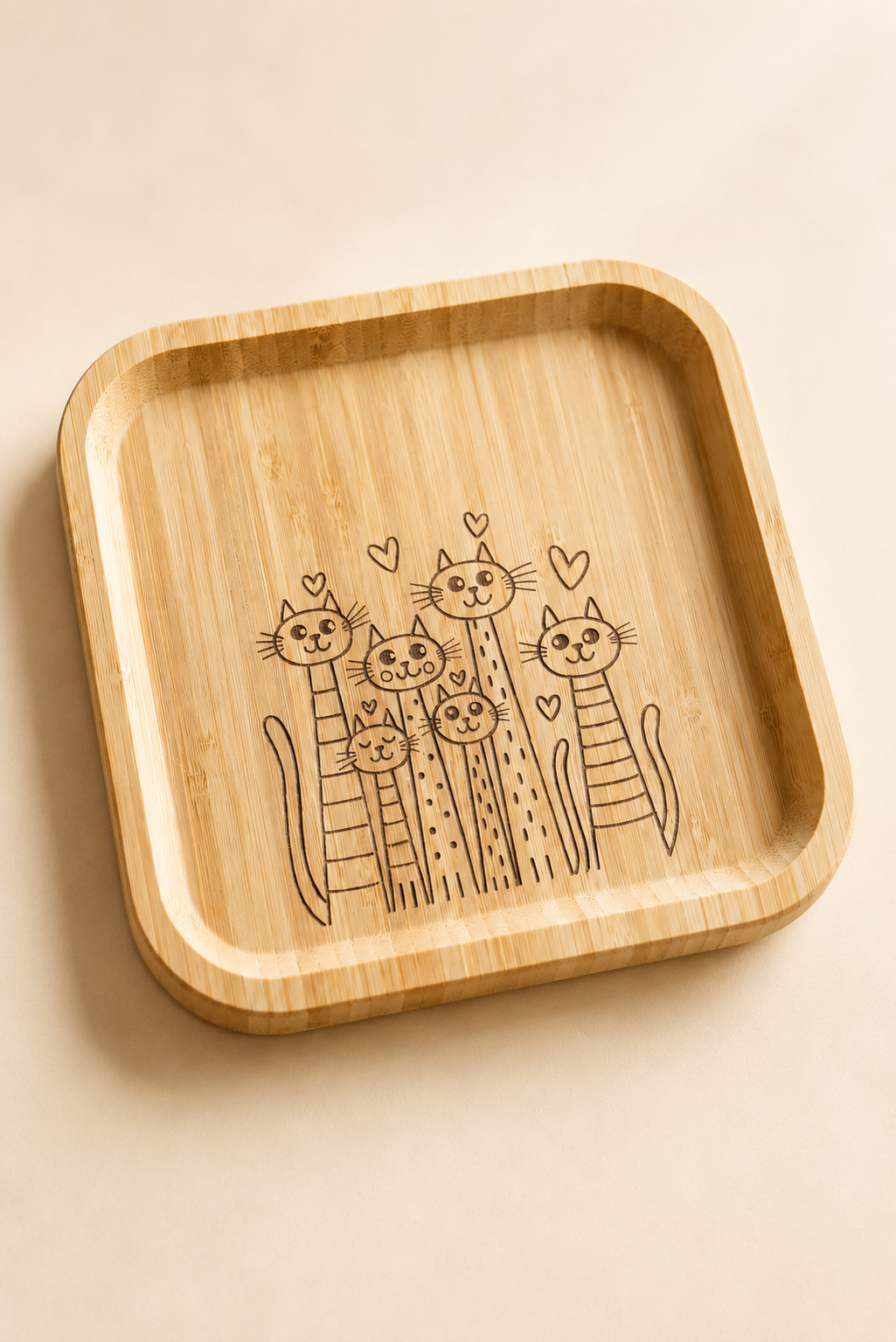 Signature Altı Kedi Desenli Kare Bambu Meyve ve Sunum Tabağı - 20x20