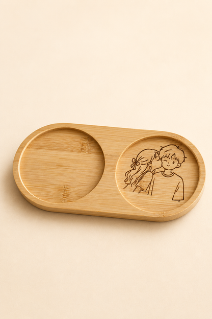 Line Art Sevgili Çizimli Bambu Kahve Sunum Tabağı - Oval