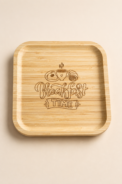 Signature Breakfast Time Desenli Kare Bambu Meyve ve Sunum Tabağı - 20x20