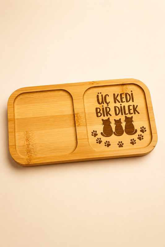"Üç Kedi Bir Dilek" Yazılı Bambu Kahve Sunum Tabağı - Dikdörtgen