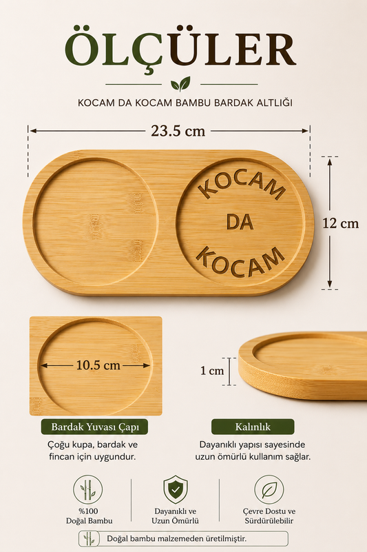 "Kocam Da Kocam" Yazılı Bambu Kahve Sunum Tabağı - Oval