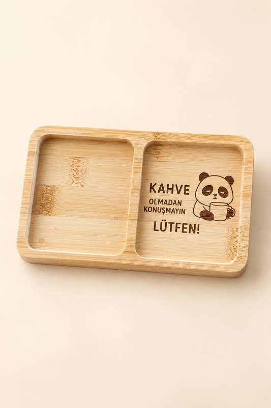 "Kahve Olmadan Konuşmayın Lütfen!" Panda Desenli Bambu Çerezlik