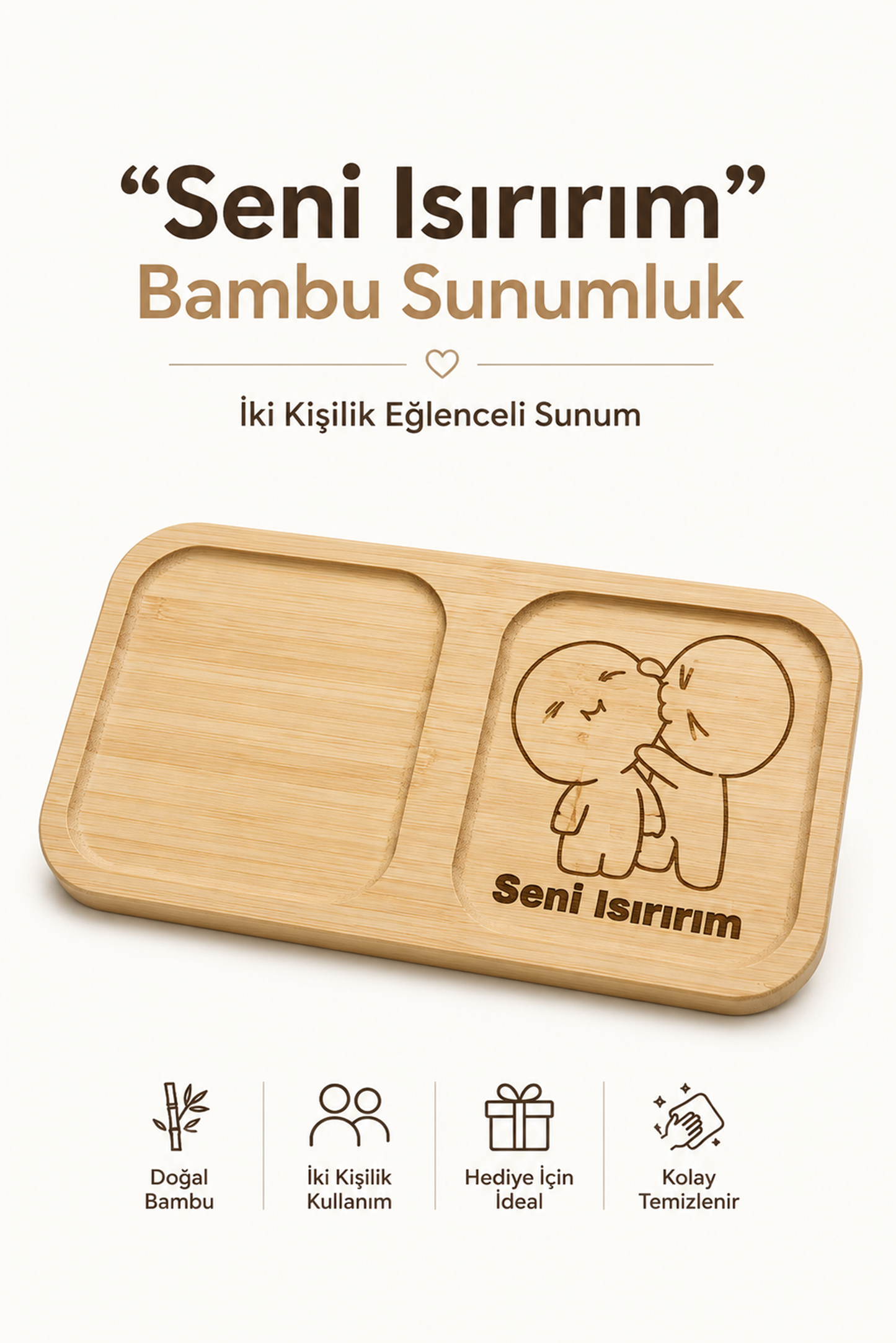 "Seni Isırırım" Yazılı Bambu Kahve Sunum Tabağı - Dikdörtgen