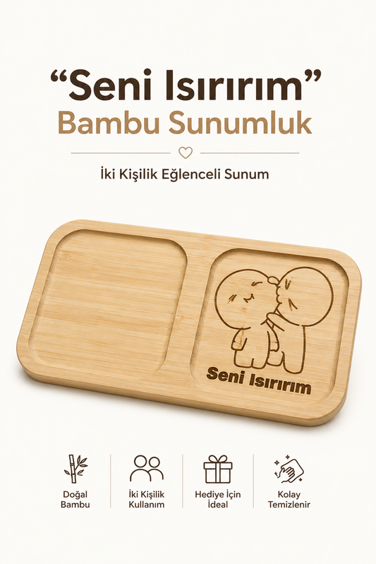 "Seni Isırırım" Yazılı Bambu Kahve Sunum Tabağı - Dikdörtgen