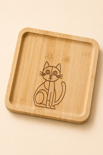 Classic Minimal Kedi Desenli Kare Bambu Meyve ve Sunum Tabağı - 20x20