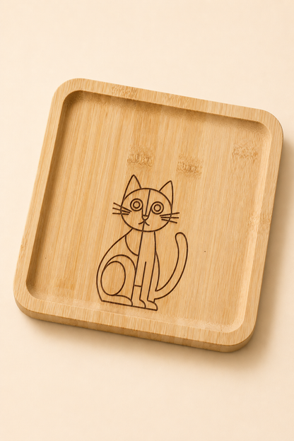Classic Minimal Kedi Desenli Kare Bambu Meyve ve Sunum Tabağı - 20x20
