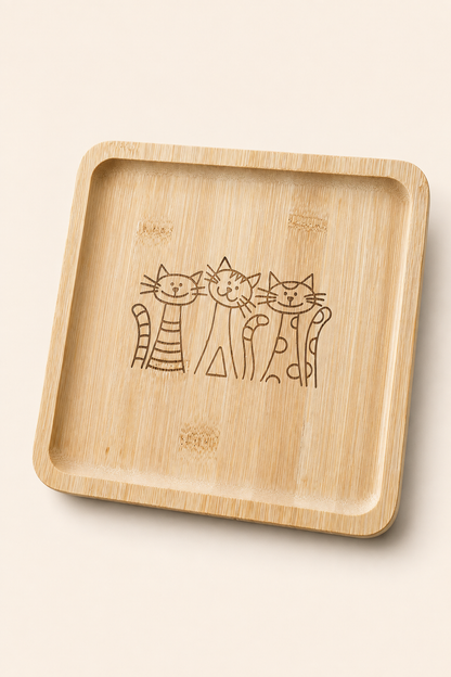 Classic Üç Kedili Kare Bambu Meyve ve Sunum Tabağı - 20x20