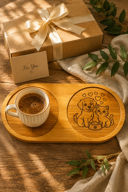 Kalpli Kedi ve Köpek Figürlü Bambu Kahve Sunum Tabağı - Oval