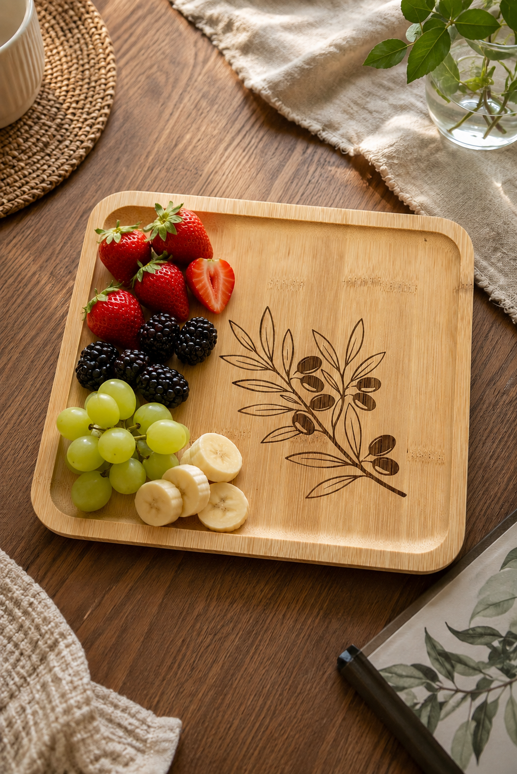 Classic Zeytin Dalı Desenli Kare Bambu Meyve ve Sunum Tabağı - 20x20