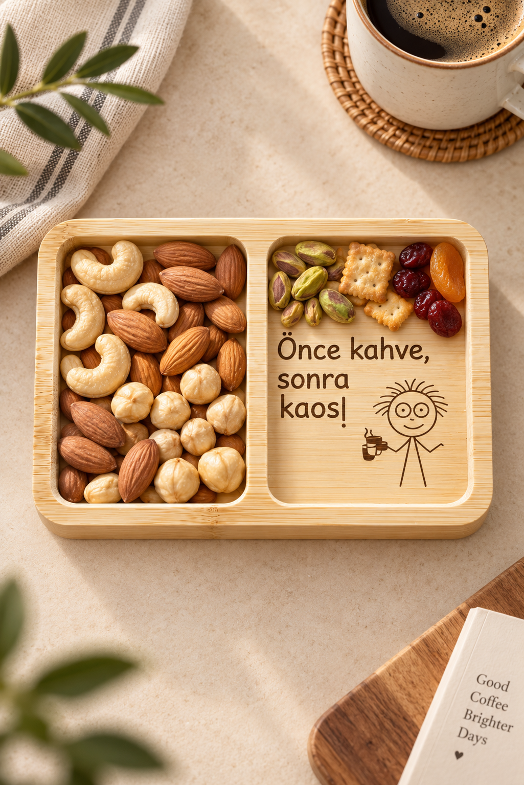 "Önce Kahve, Sonra Kaos!" Çizgi Figür Desenli Bambu Çerezlik