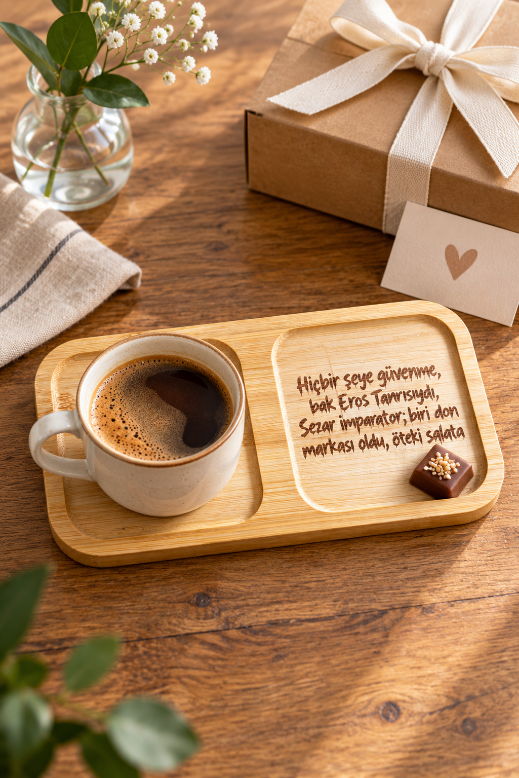 "Hiçbir Şeye Güvenme" Bambu Kahve Sunum Tabağı - Dikdörtgen