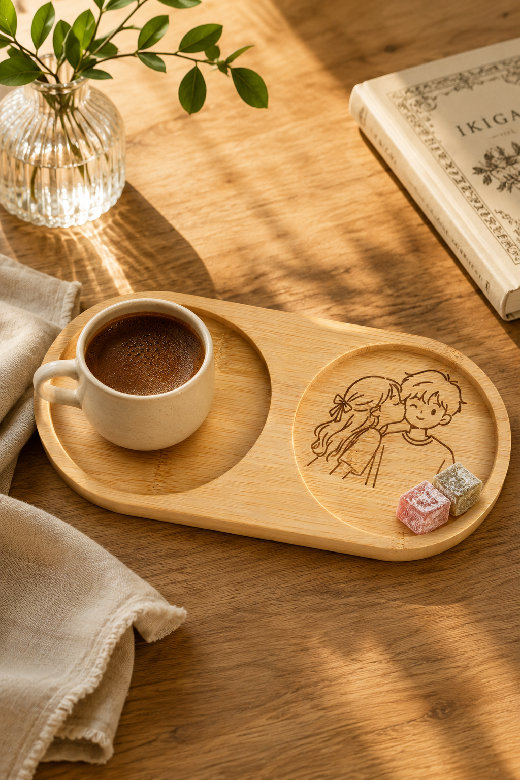 Line Art Sevgili Çizimli Bambu Kahve Sunum Tabağı - Oval