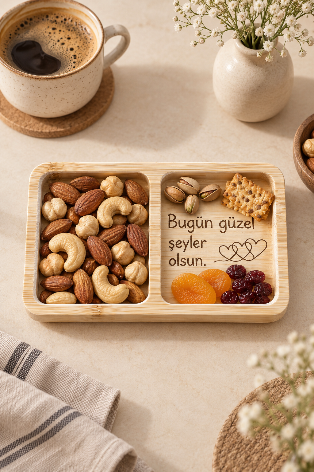 "Bugün Güzel Şeyler Olsun" Kalp Desenli Bambu Çerezlik