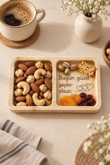 "Bugün Güzel Şeyler Olsun" Kalp Desenli Bambu Çerezlik