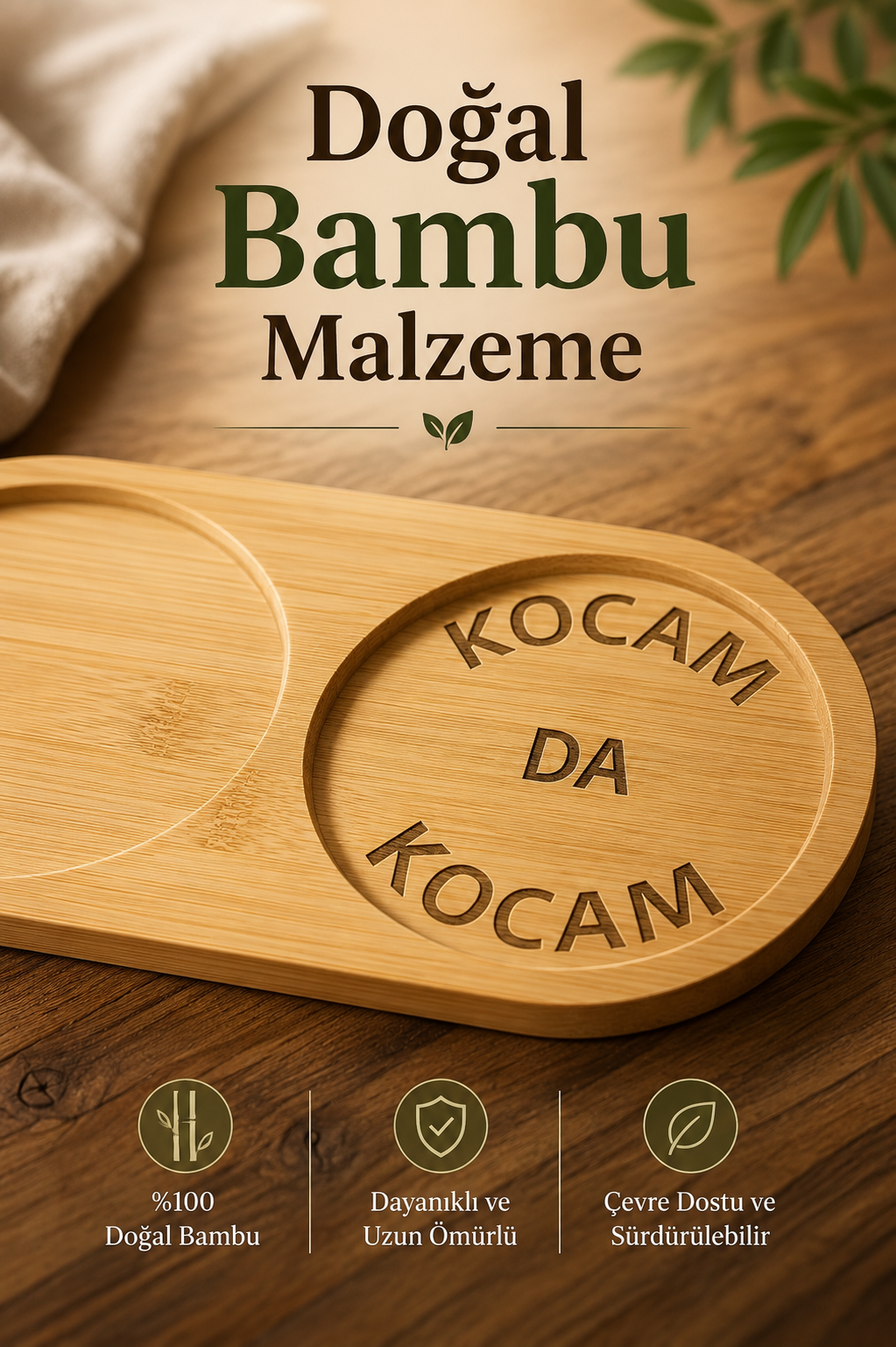"Kocam Da Kocam" Yazılı Bambu Kahve Sunum Tabağı - Oval