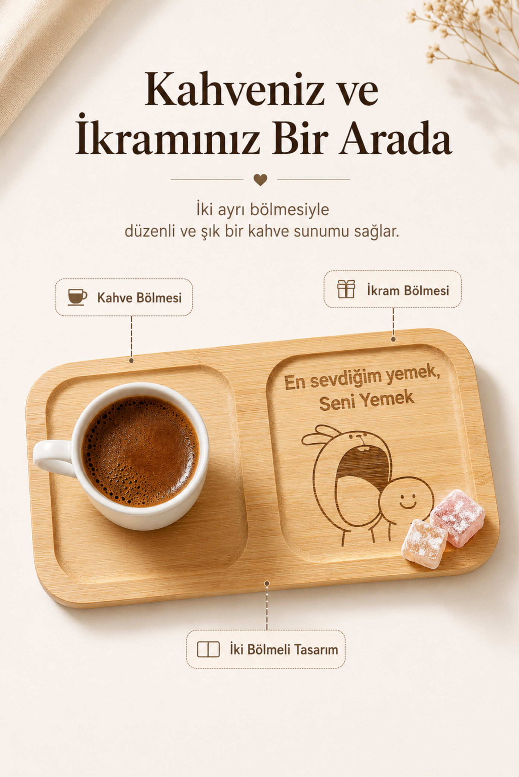 "En Sevdiğim Yemek Seni Yemek" Bambu Kahve Sunum Tabağı - Dikdörtgen