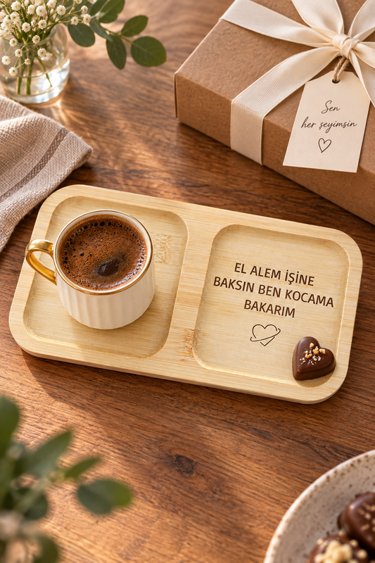 "El Alem İşine Baksın" Bambu Kahve Sunum Tabağı - Dikdörtgen