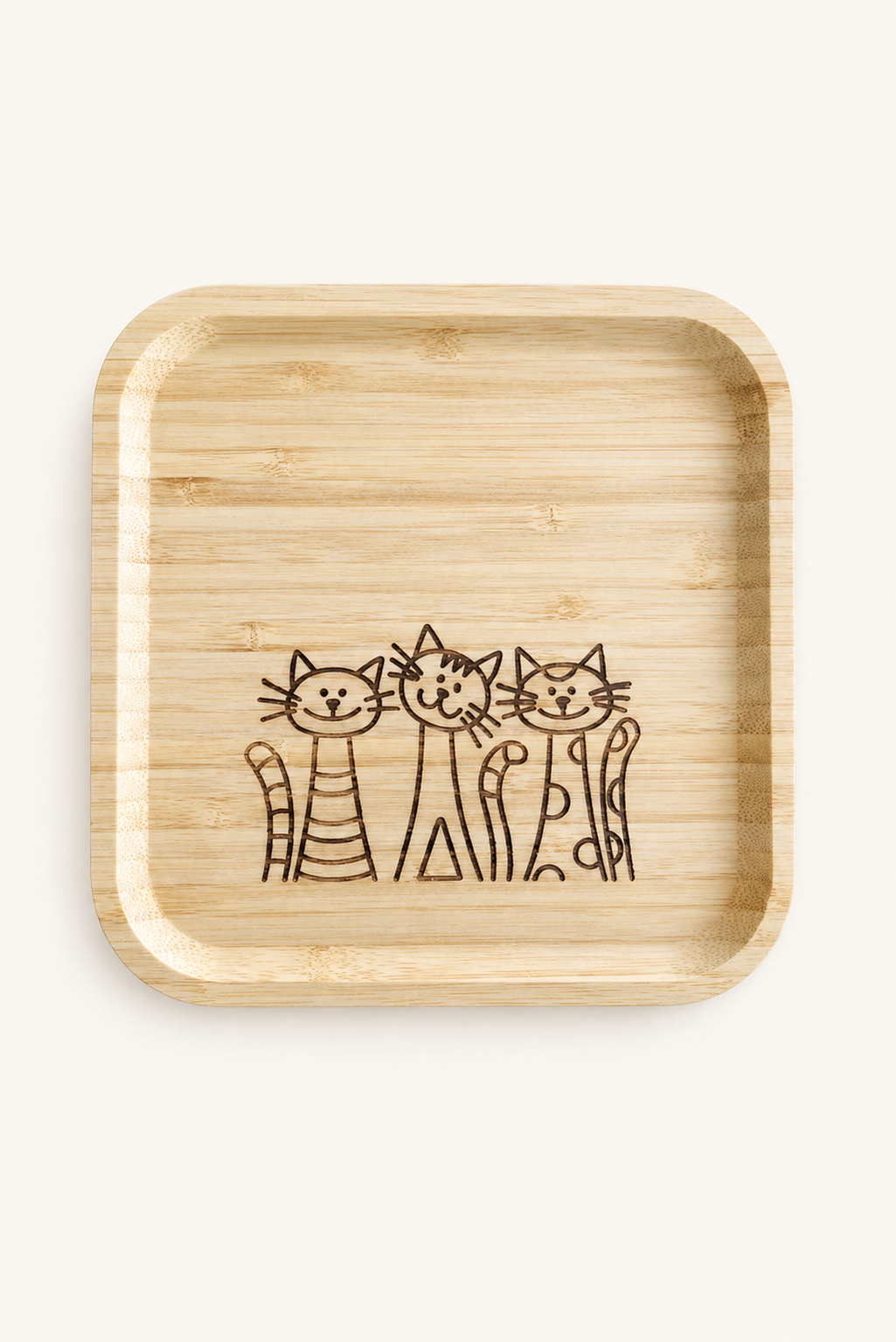 Signature Üç Kedi Desenli Kare Bambu Meyve ve Sunum Tabağı - 20x20