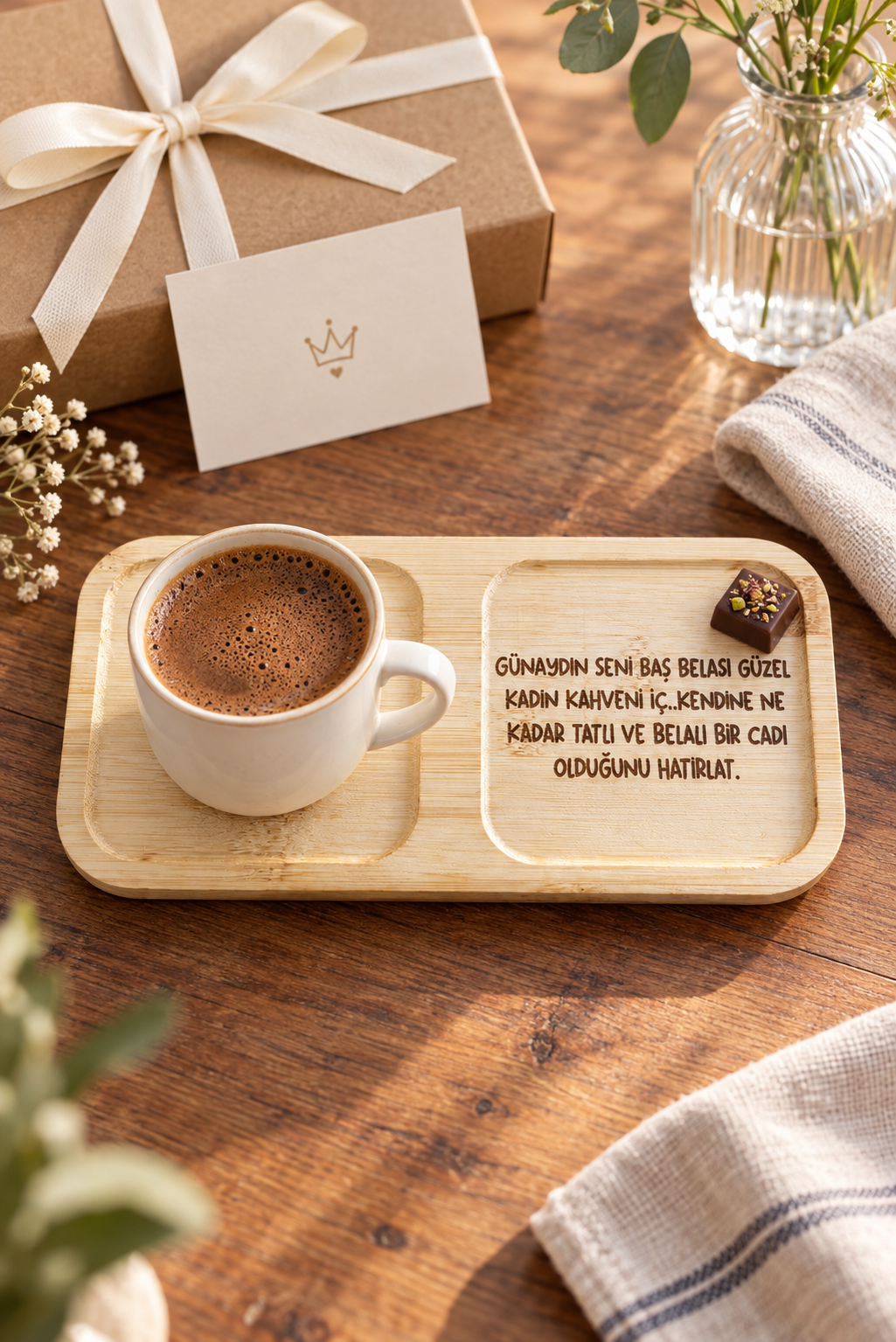 "Baş Belası Güzel Kadın" Bambu Kahve Sunum Tabağı - Dikdörtgen