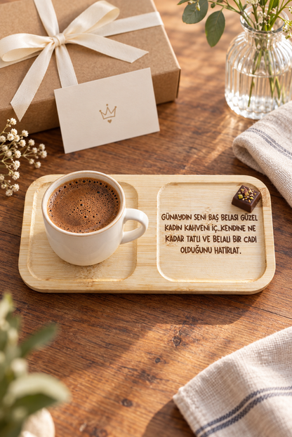 "Baş Belası Güzel Kadın" Bambu Kahve Sunum Tabağı - Dikdörtgen