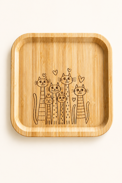 Signature Altı Kedi Desenli Kare Bambu Meyve ve Sunum Tabağı - 20x20
