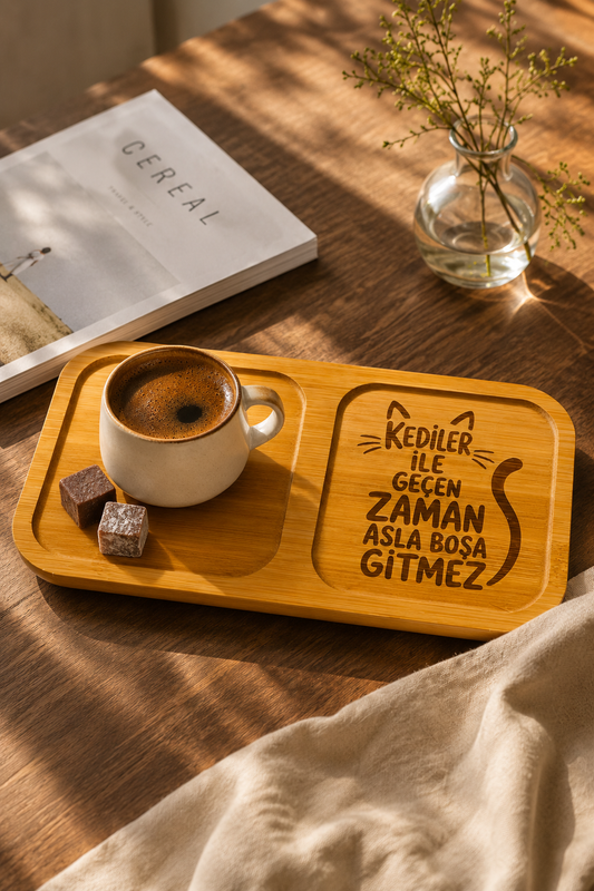 "Kediler ile Geçen Zaman Asla Boşa Gitmez" Bambu Kahve Sunum Tabağı - Dikdörtgen
