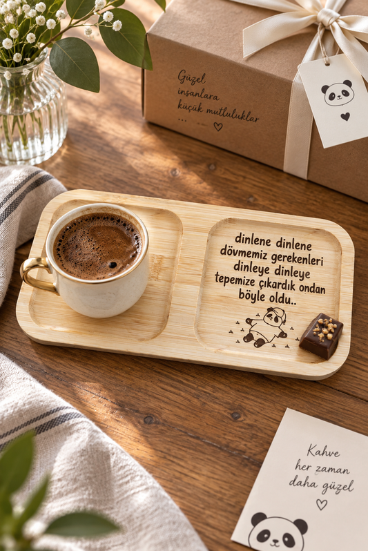 "Dinlene Dinlene" Panda Detaylı Bambu Kahve Sunum Tabağı