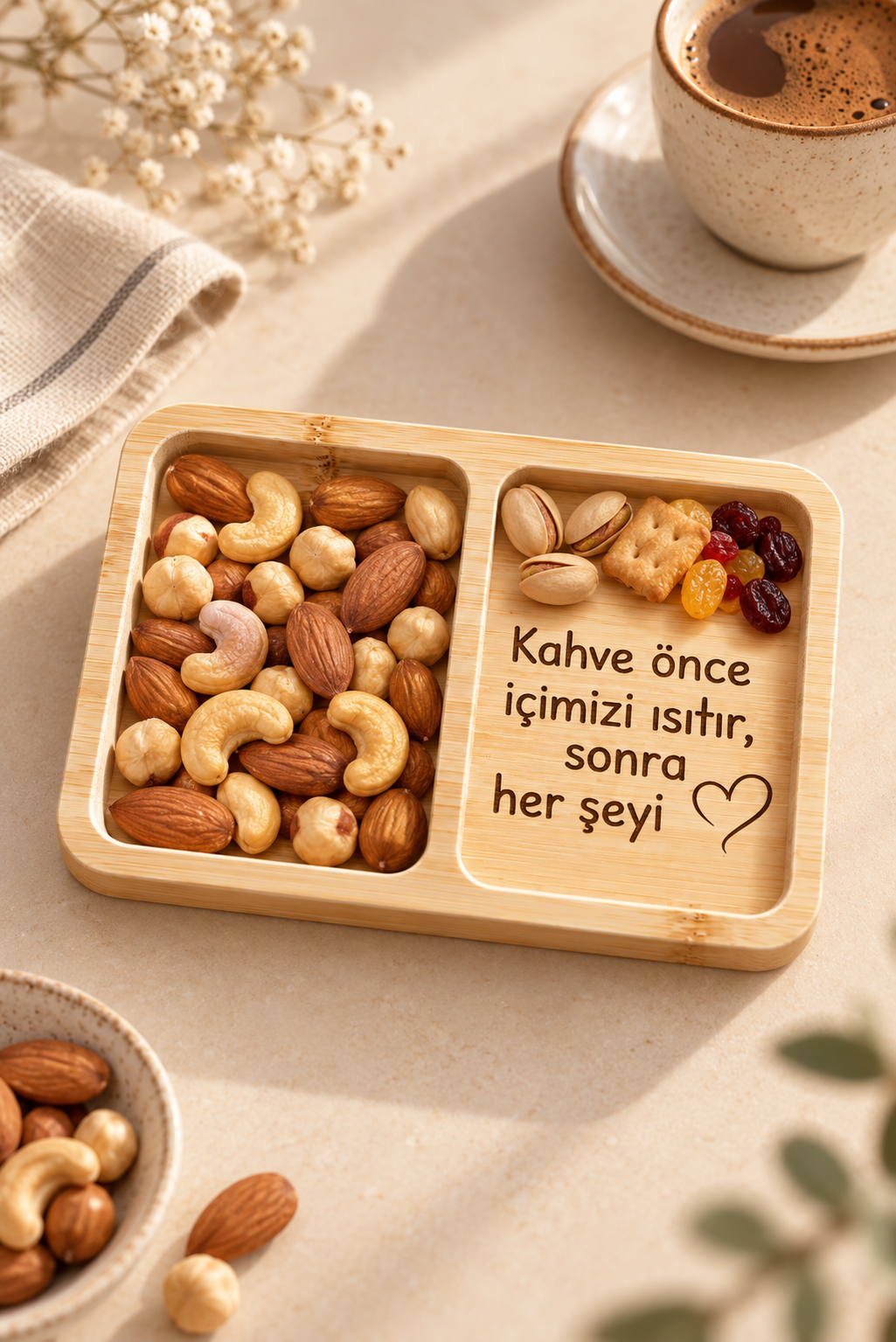 "Kahve Önce İçimizi Isıtır" Kalp Desenli Bambu Çerezlik