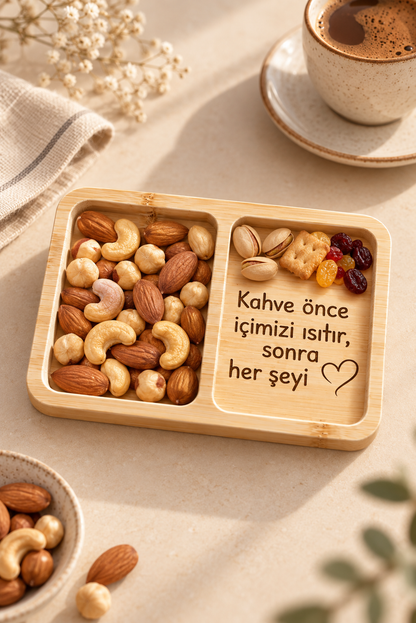 "Kahve Önce İçimizi Isıtır" Kalp Desenli Bambu Çerezlik
