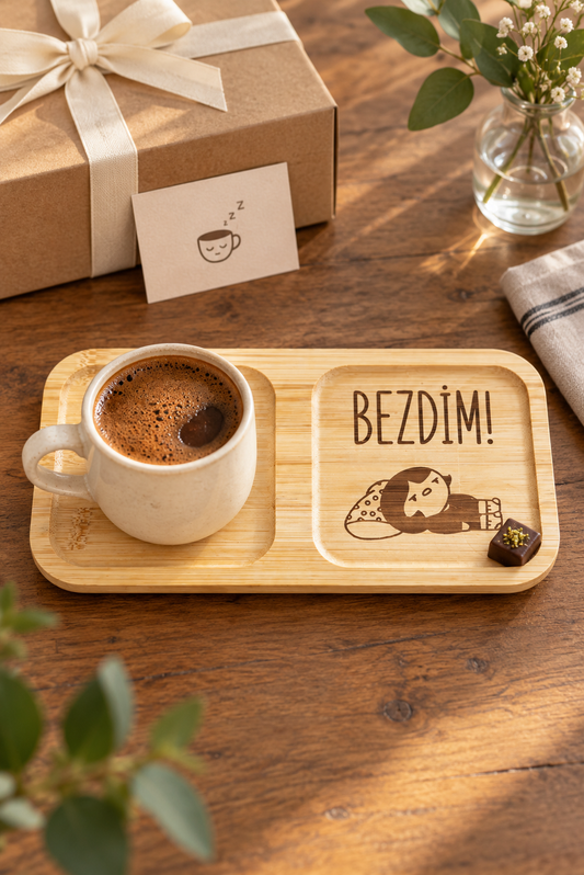 "Bezdim!" Yazılı Bambu Kahve Sunum Tabağı - Dikdörtgen