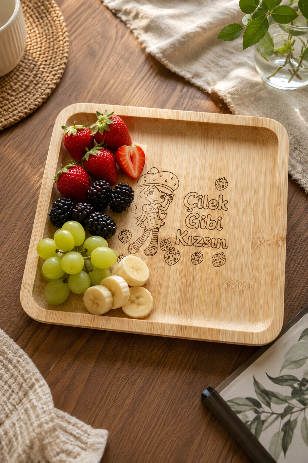 Classic Çilek Gibi Kızsın Kare Bambu Kahvaltı ve Meyve Tabağı - 20x20