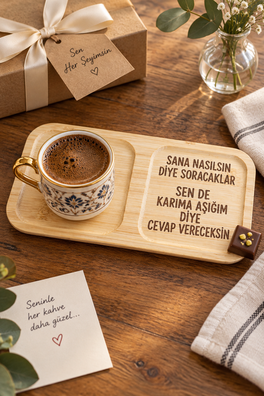 "Karıma Aşığım" Yazılı Bambu Kahve Sunum Tabağı - Dikdörtgen