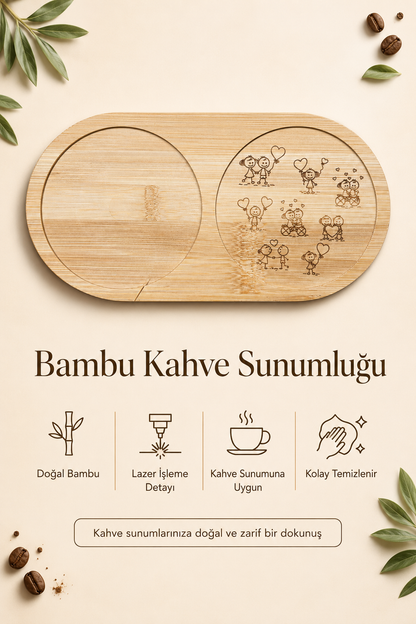 9'lu Mutlu Çizim Bambu Kahve Sunum Tabağı - Oval