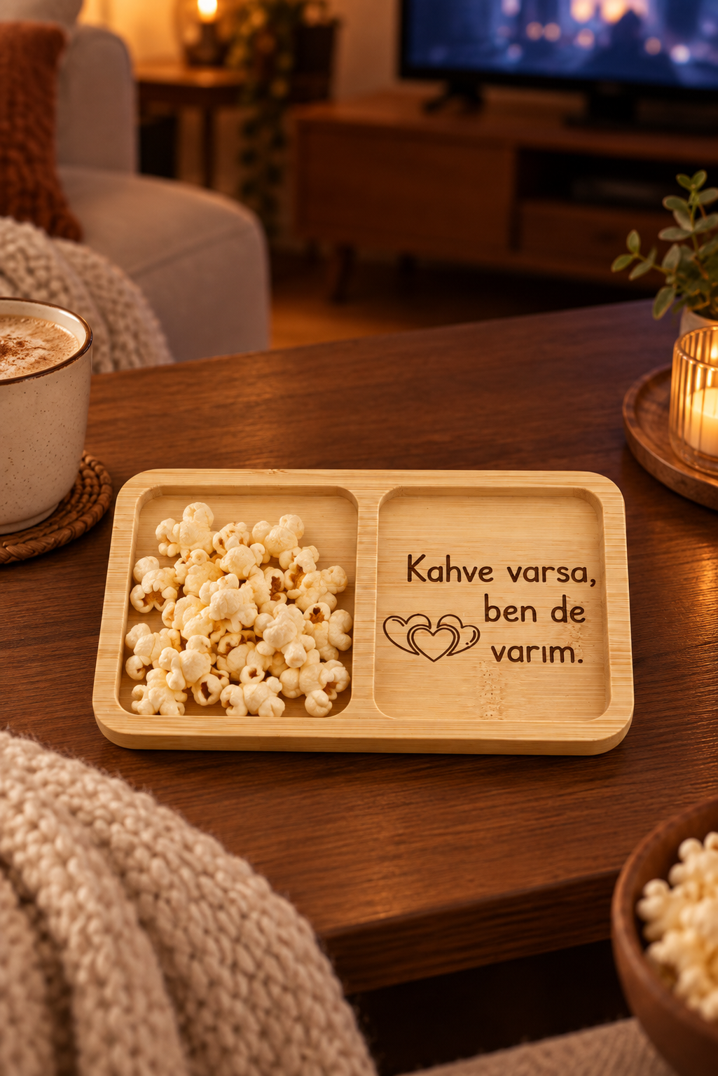 "Kahve Varsa, Ben de Varım" Kalp Desenli Bambu Çerezlik