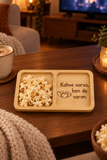 "Kahve Varsa, Ben de Varım" Kalp Desenli Bambu Çerezlik