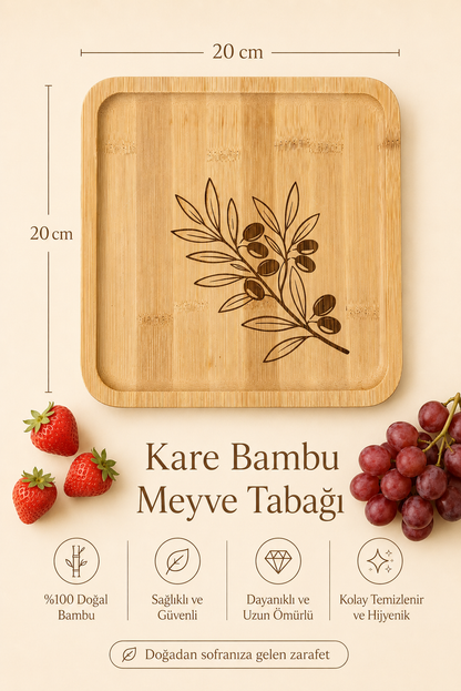 Classic Zeytin Dalı Desenli Kare Bambu Meyve ve Sunum Tabağı - 20x20