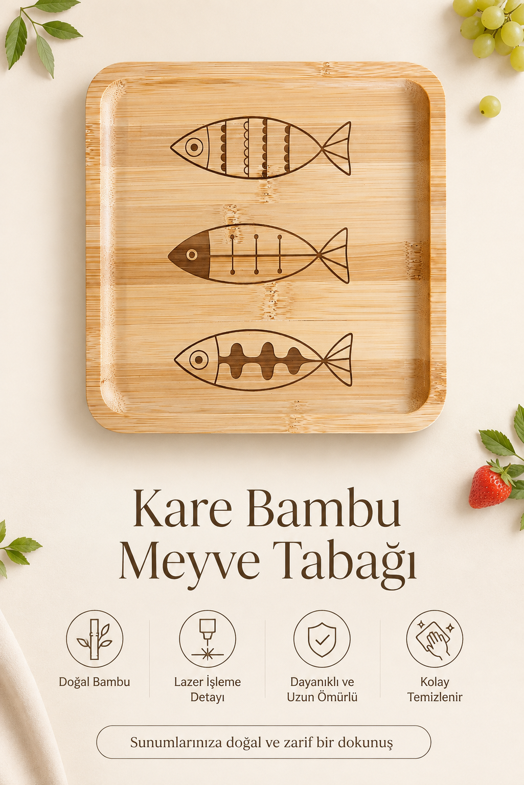 Classic Üç Balık Desenli Kare Bambu Meyve ve Sunum Tabağı - 20x20